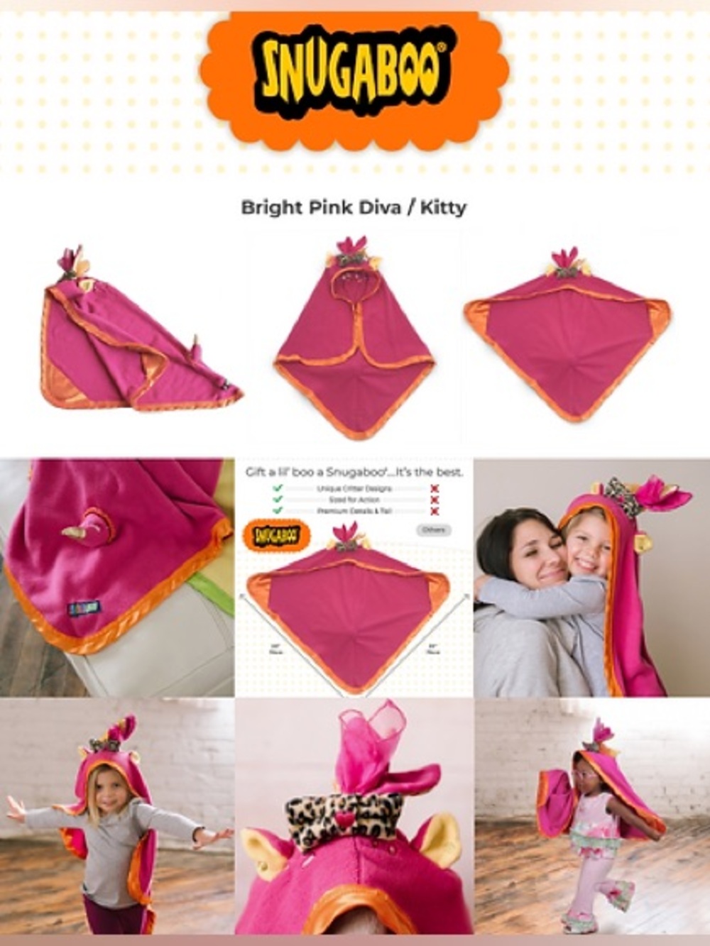 Snugaboo Hooded Security Blanket Pink Diva Kitty “Daisy” 30” x 30”